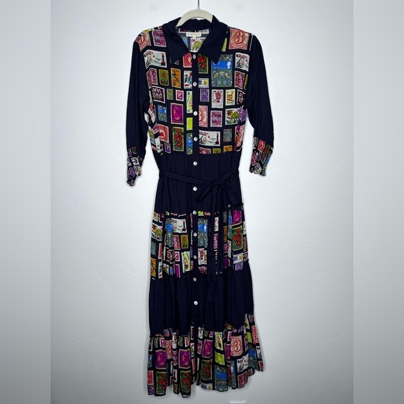 Rubyyaya Dresses & Skirts - RubyYaya Tiered Postage Stamp Maxi Dress 3/4 Sleeves Button Front Belted Small